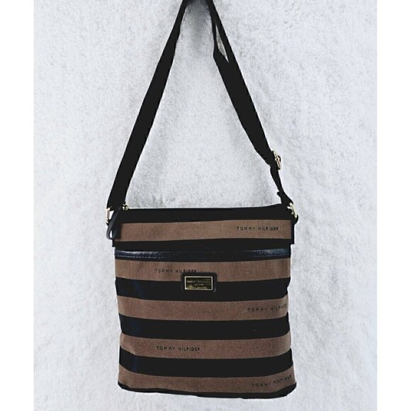 Tommy Hilfiger Brown and Black Striped Sateen Twill Fabric Crossbody - Picture 14 of 15